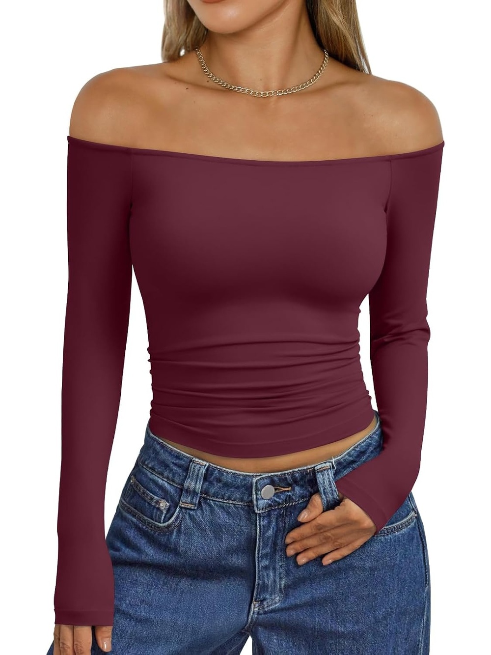 Women's Wine Cute Crop Boat Neck Long Sleeve T Shirts Off The Shoulder Tops